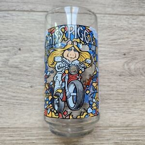 Disney Miss Piggy Motorcycle Drinking Glass Mcdonalds 1981 Vintage Collectible